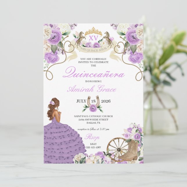Invitación Fairytale Púrpura Vaquera Quinceañera (Anverso de pie)