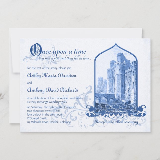 Invitación Fairytale Royal Blue Castle Una Vez Al Boda (Anverso)