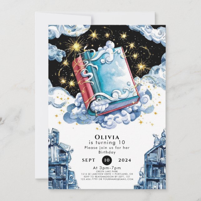 Invitación Fairytale simple libro de historias encantado Cump (Anverso)