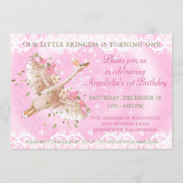 Invitación Fairytale Swan Floral Rosa Y Lace Primer Cumpleaño