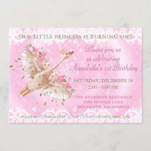 Invitación Fairytale Swan Floral Rosa Y Lace Primer Cumpleaño