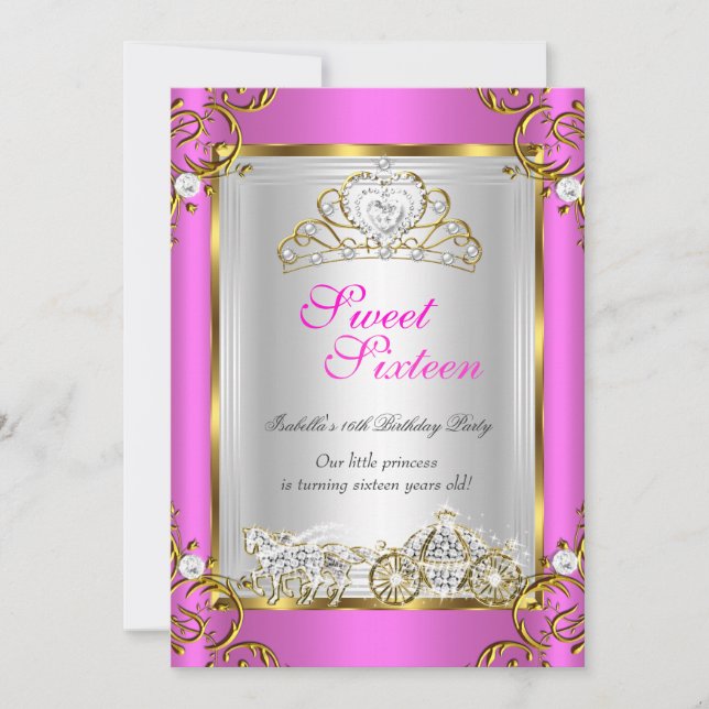 Invitación Fairytale Sweet 16 16th Birthday Hot Pink Gold (Anverso)