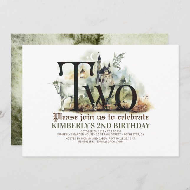 Invitación Fairytale Unicorn Dragon Magic Castle 2º cumpleaño (Anverso / Reverso)