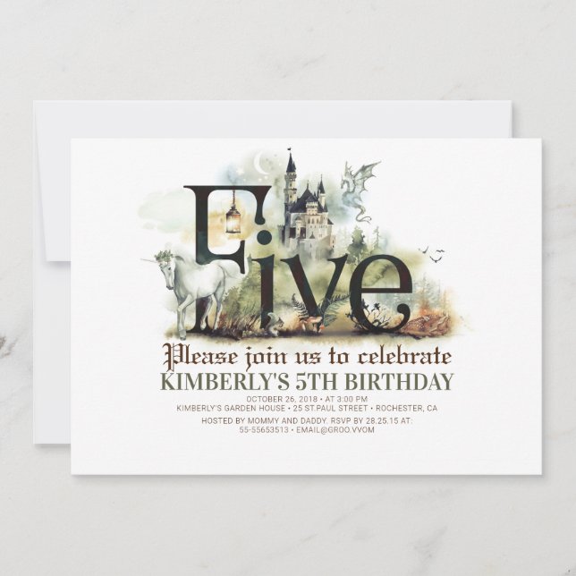 Invitación Fairytale Unicorn Dragon Magic Castle 5º cumpleaño (Anverso)