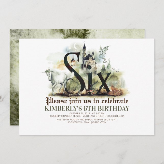 Invitación Fairytale Unicorn Dragon Magic Castle 6 Cumpleaños (Anverso / Reverso)