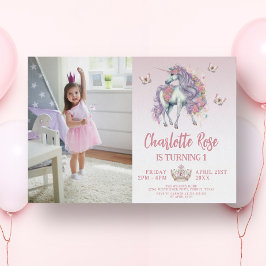 Invitación Fairytale Uniforn & Flowers Pink Photo Birday