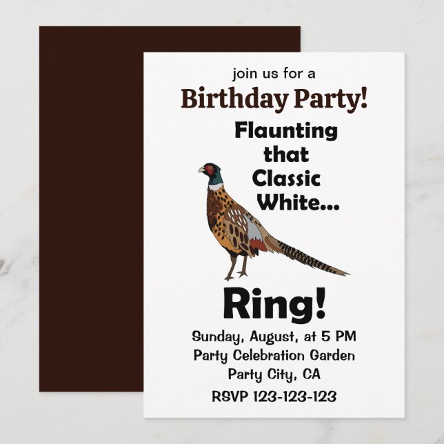 Invitación Faisán de collar luciendo fiesta con anillo blanco (Anverso / Reverso)