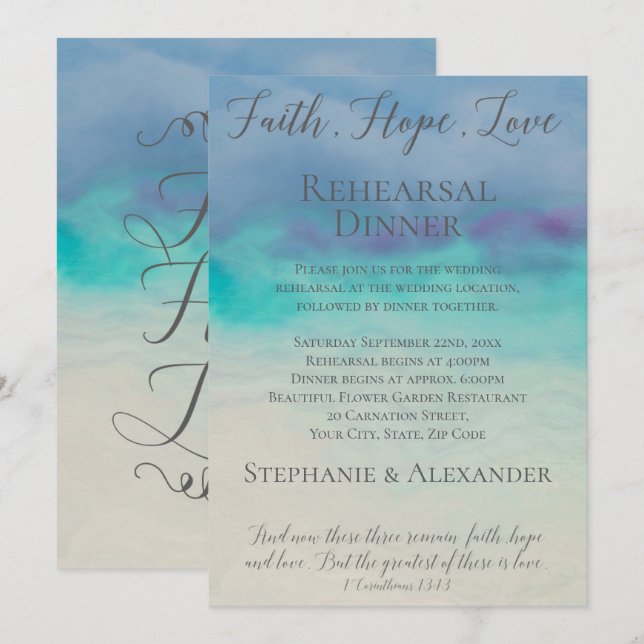 Invitación Faith Hope Love Rehearsal Dinner (Anverso / Reverso)