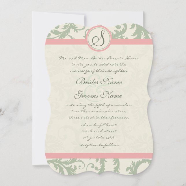 Invitación Fale Cut Green Dusty Rosa Damask Wedding (Anverso)