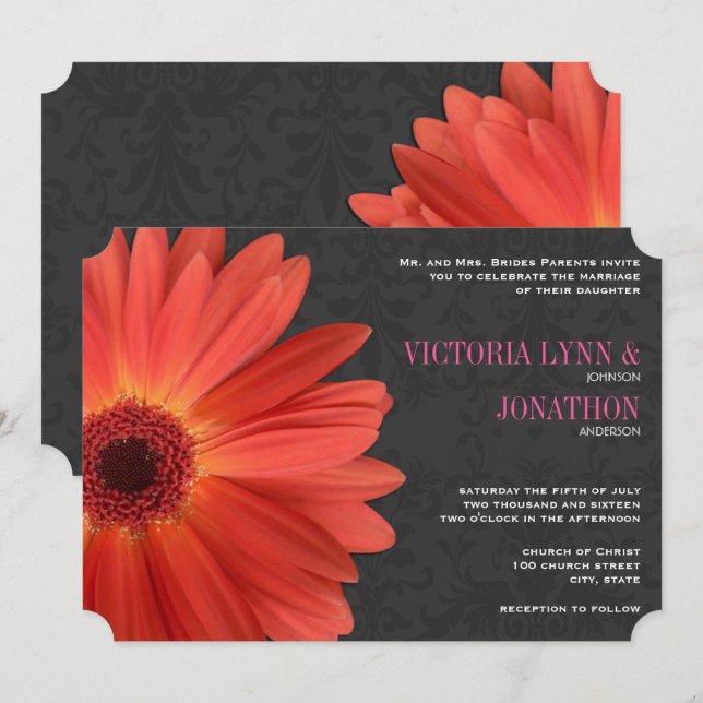 Invitación Fale Cut Naranja rosa Gerber Daisy Boda (Anverso / Reverso)