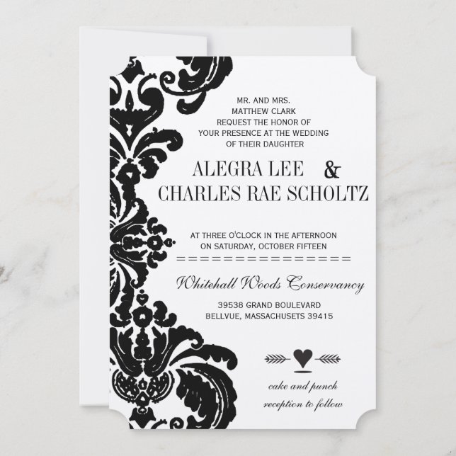 Invitación Fale Cut Vintage Black Damask Wedding (Reverso)