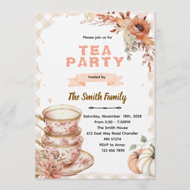 Invitación Fall autumn thanksgiving tea party invitation  (Anverso)