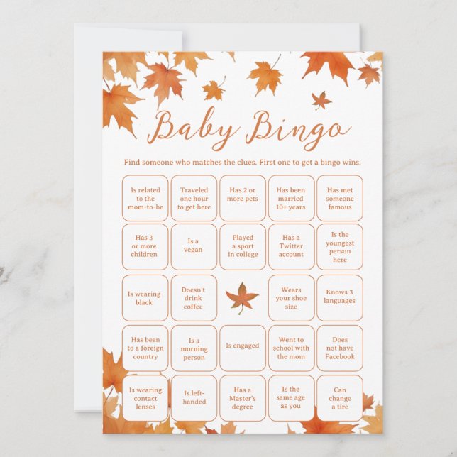 Invitación Fall Baby Shower Find the Guest Bingo Game Card (Anverso)