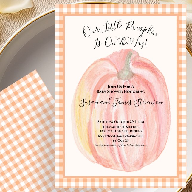 Invitación Fall Baby Shower Invitation Little Pumpkin Gingham (Subido por el creador)
