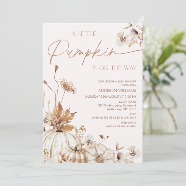 Invitación Fall Beige Brown Floral Little Pumpkin Baby Shower (Anverso de pie)