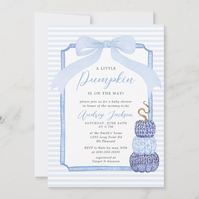 Invitación Fall Blue Chinoiserie Blue Pumpkin Baby Shower Inv (Anverso)