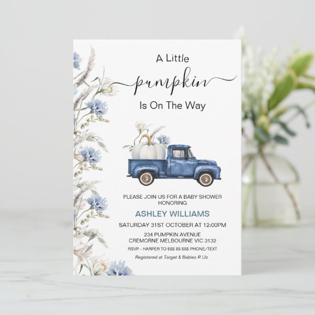 Invitación Fall Blue Floral Little Pumpkin Truck Baby Shower (Anverso de pie)