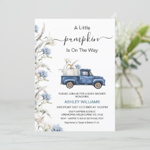 Invitación Fall Blue Floral Little Pumpkin Truck Baby Shower