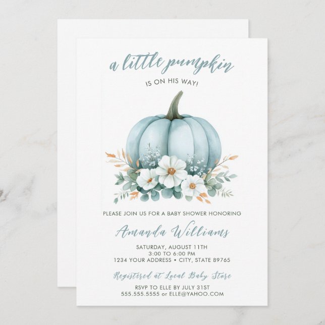 Invitación Fall Blue Pumpkin Floral Eucalyptus Baby Shower (Anverso / Reverso)