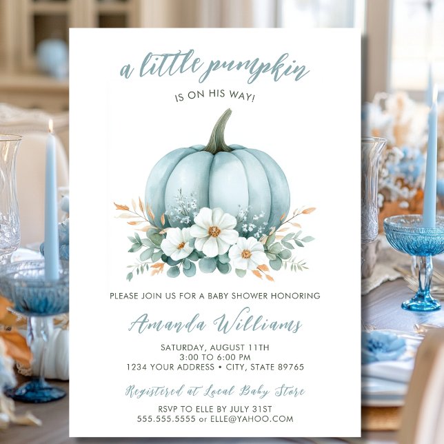 Invitación Fall Blue Pumpkin Floral Eucalyptus Baby Shower (Subido por el creador)