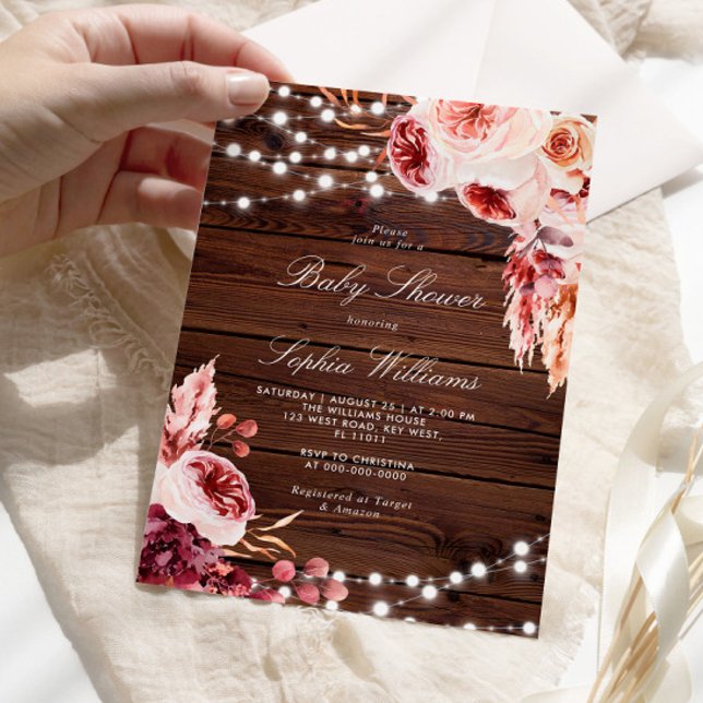 Invitación Fall Bohemian Rose Rustic Wood Baby Shower (Subido por el creador)