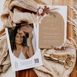 Invitación Fall Boho Boda Pampas Grass Arch Photo QR Code