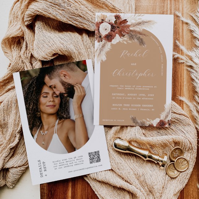 Invitación Fall Boho Boda Pampas Grass Arch Photo QR Code (Subido por el creador)