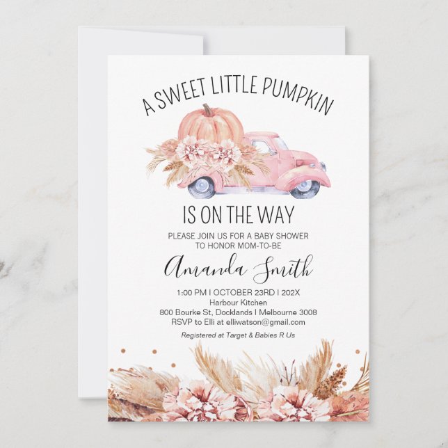 Invitación Fall Boho Pink Floral Truck Baby Shower (Anverso)