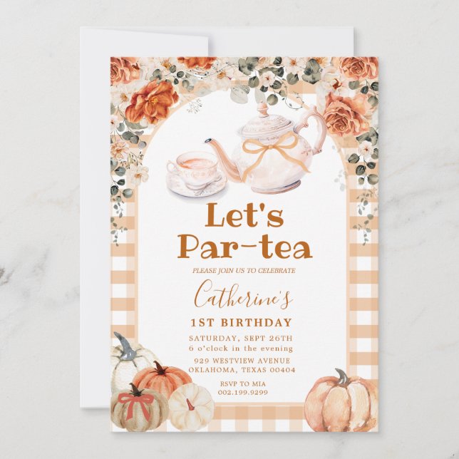 Invitación Fall Boho Pumpkin Par-tea Birthday Gingham (Anverso)