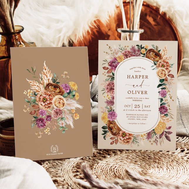 Invitación Fall Boho Terracotta Purple Floral Boda (Subido por el creador)