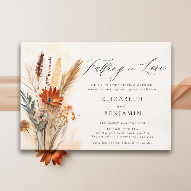Invitación Fall Bouquet Romantic Love Moda Engagement Party (fall engagement party invitation falling in love floral bouquet rust burnt orange watercolor elegant)