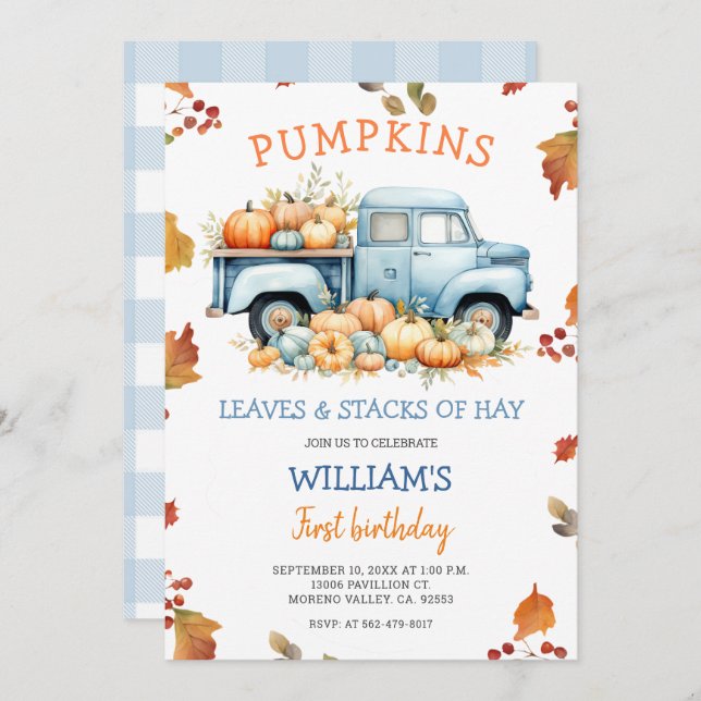 Invitación Fall Boy Pumpkin Dusty blue truck cumpleaños otoño (Anverso / Reverso)