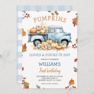 Invitación Fall Boy Pumpkin Dusty blue truck cumpleaños otoño