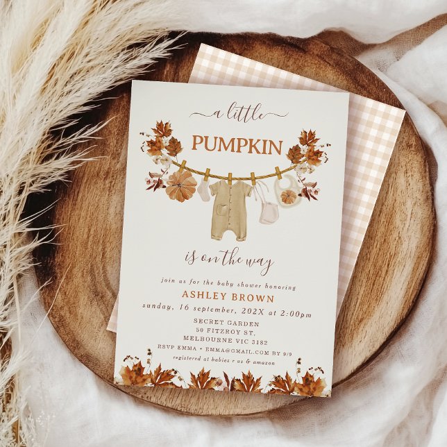 Invitación Fall Brown Beiage Foliage Clothesline Baby Shower (Rustic Fall Baby Shower Invitation, Fall Baby Shower Invitation With Clothesline, Autumn Baby Shower)