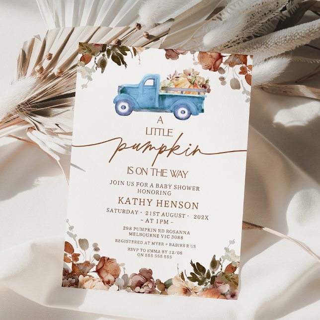 Invitación Fall Brown Floral Blue Pumpkin Truck Baby Shower (A Little Pumpkin Is On The Way Baby Shower Invitation Boy, Fall Little Pumpkin baby Shower Invite, )