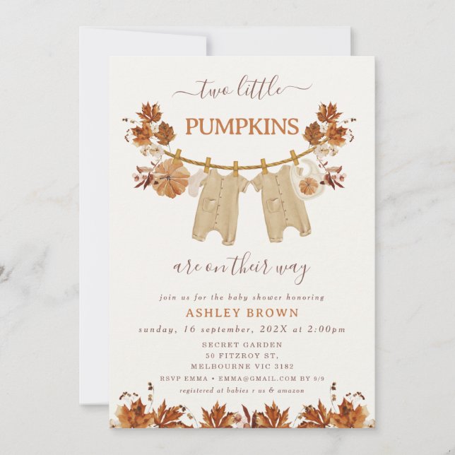 Invitación Fall Brown Twins Foliage Clothesline Baby Shower (Anverso)