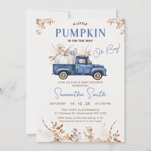Invitación Fall Brown Wildflowers Pumpkin Truck Baby Shower (Anverso)