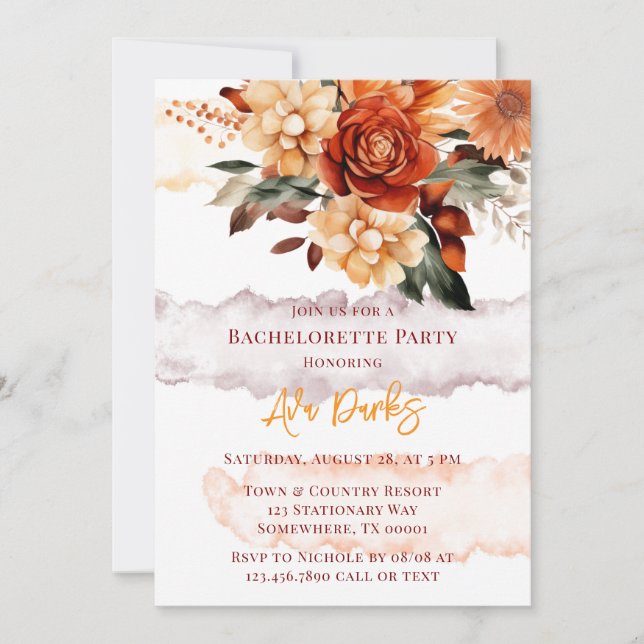 Invitación Fall Burgundy Naranja Floral Bachelorette Party (Anverso)