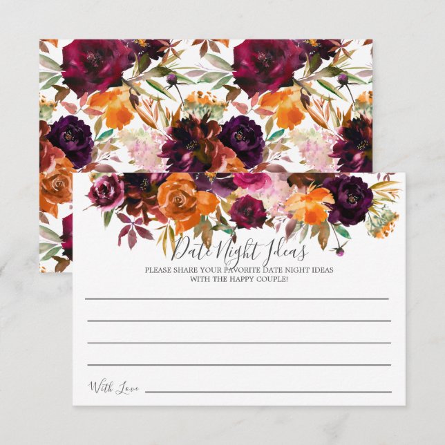 Invitación Fall Burgundy Naranja Floral Date Night Ideals Car (Anverso / Reverso)