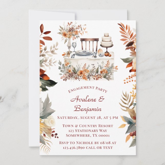 Invitación Fall Burgundy Naranja Floral Engagement Party (Anverso)