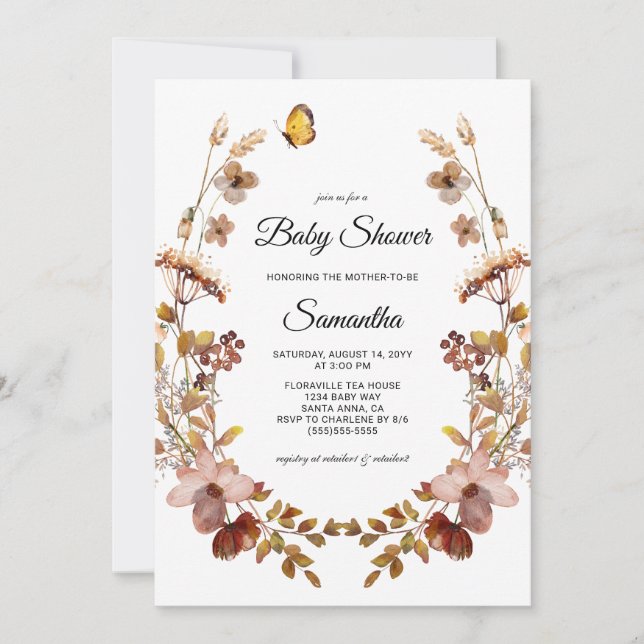 Invitación Fall Burgundy Wildflowers Baby Shower (Anverso)