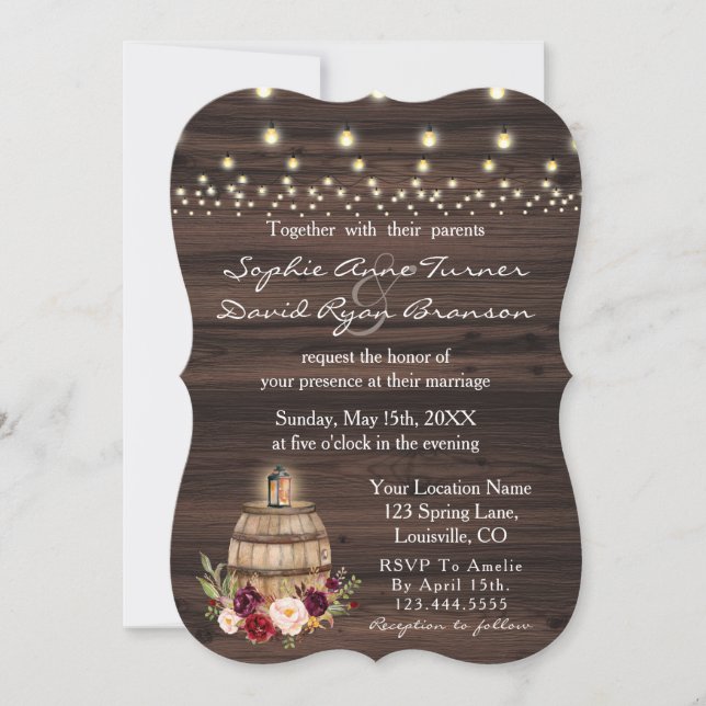 Invitación Fall Burgundy Wine Barrel Floral Barn Wedding (Anverso)
