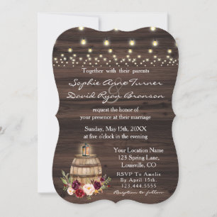 Invitación Fall Burgundy Wine Barrel Floral Barn Wedding