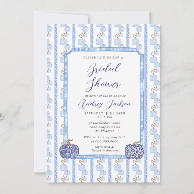 Invitación Fall Chinoiserie Blue Pumpkin Bridal Shower  (Anverso)