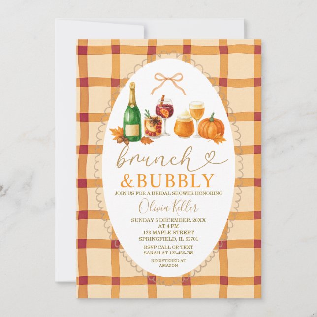 Invitación Fall Cocktail Bow Brunch & Bubbly Bridal Shower (Anverso)