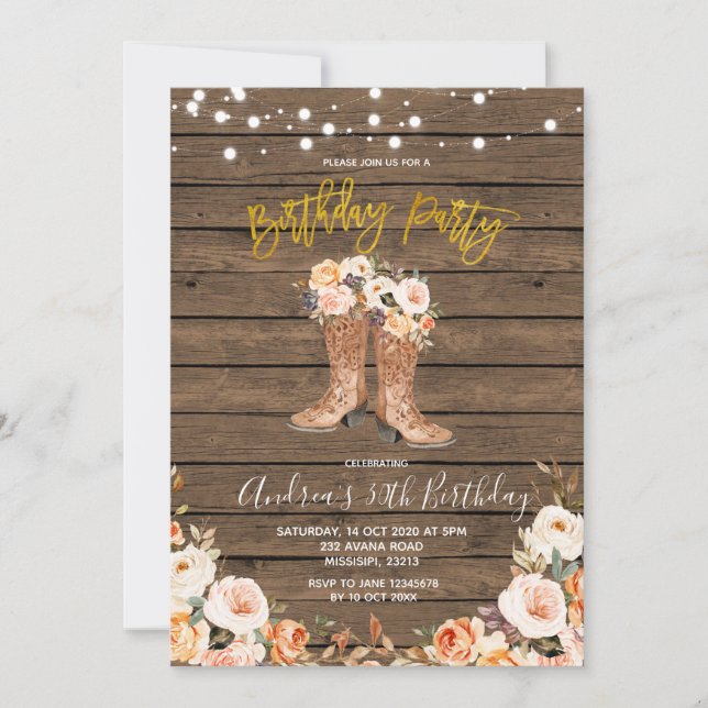 Invitación Fall Country Western Boots fiesta de cumpleaños (Anverso)