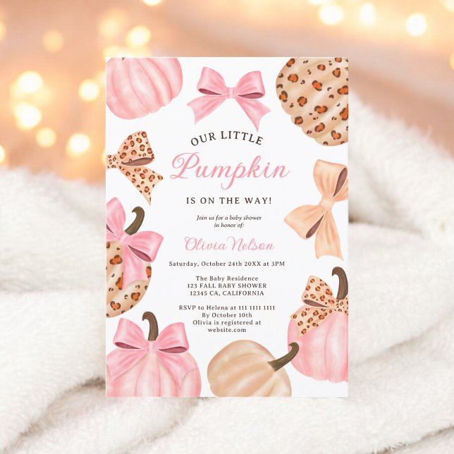 Invitación Fall Cute Coquette Bow Leoparking Baby Shower (Fall Cute Coquette Bow Leopard Pumpkin Baby Shower Invitation)