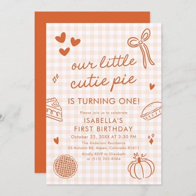 Invitación Fall Cute Hand Drawn Our Little Cutie Pie Birthday (Anverso / Reverso)