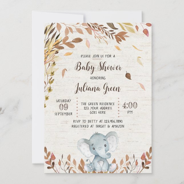Invitación Fall Elephant Baby Shower (Anverso)