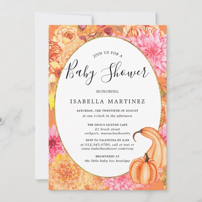 Invitación Fall Floral and Pumpkin Baby Shower (Anverso)